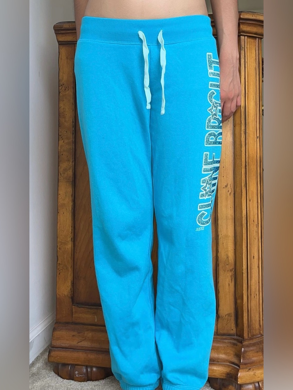 Justice Bright Turquoise Drawstring Graphic Sweatpants